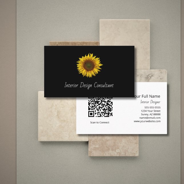 Carte De Visite Boho Sunflower QR code Interior Designer Black  (Créateur téléchargé)