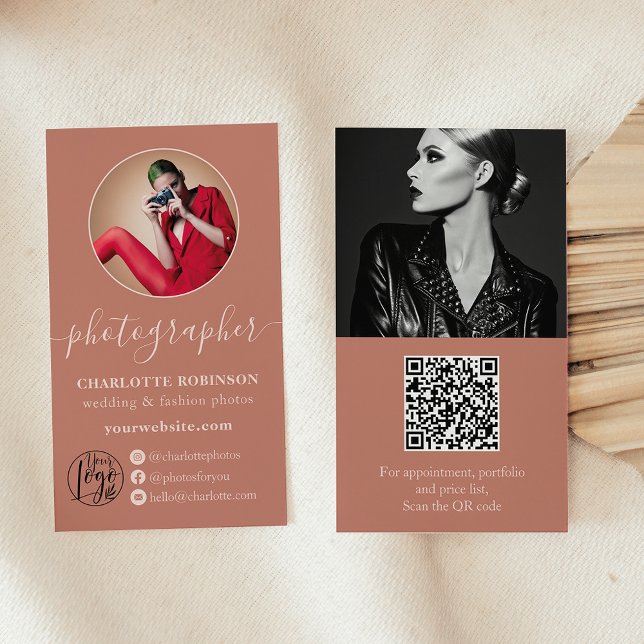 Carte De Visite Boho terracotta photo qr code logo photographe (Boho terracotta photo qr code logo photographer business card)