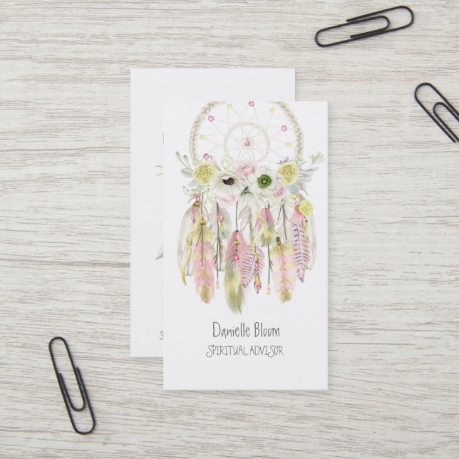 Carte De Visite Boho Tribal Dream Catcher Flèches Plumes fleurs (Devant/Arrière en situation)