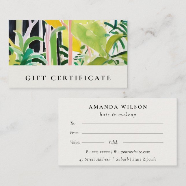 Carte De Visite Boho Tropical Foliage Botanical Gift Certificate (Devant / Derrière)