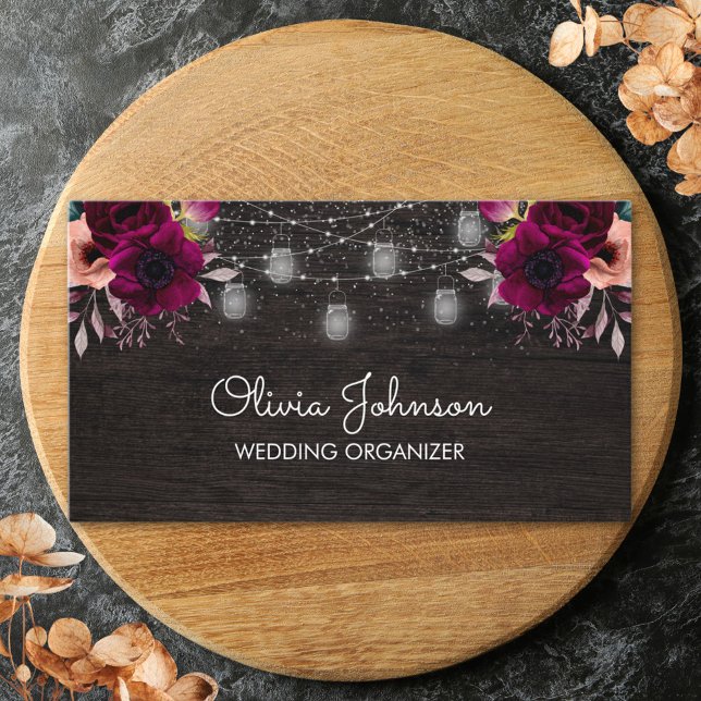 Carte De Visite Boho Violet Chaîne Fleur Lumière Bois Noir (In situ)