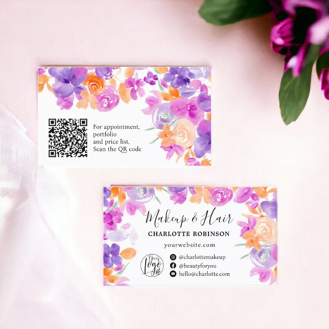 Carte De Visite Boho violet Orange fleurs cheveux de maquillage fl (Purple Orange Boho flowers floral makeup hair Business Card)