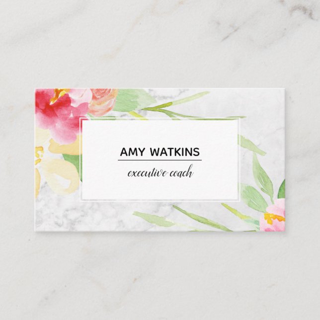 Carte De Visite Boho Watercolor Flowers on Grey Marble (Devant)