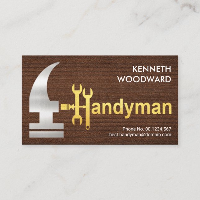 Carte De Visite Bois de bois Creative Argent Or Handyman Hammer (Devant)