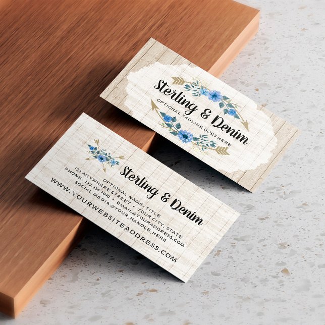 Carte De Visite Bois rustique et aquarelle bohème Flore Flèches (Créateur téléchargé)