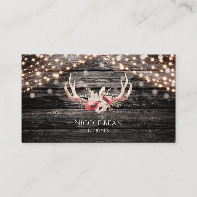 Carte De Visite Bois rustique et lumières Floral Antlers Boho Chic (Devant)