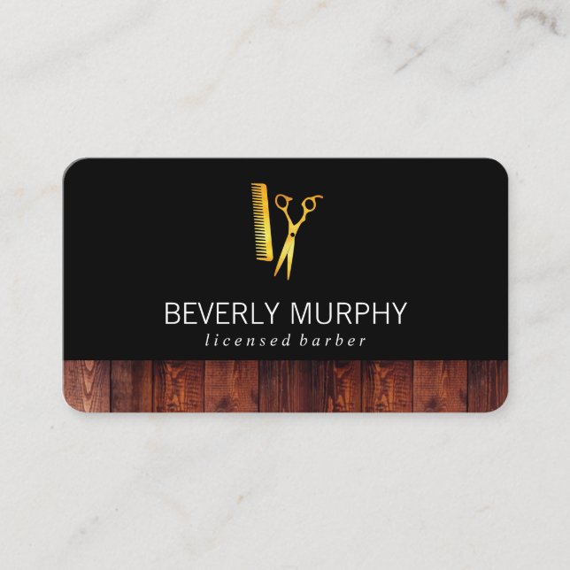 Carte De Visite Bois rustique Noir avec peigne de Shears d'or (Devant)