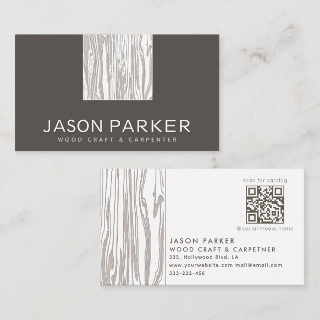 Carte De Visite Bois sculpté moderne charpentier professionnel Qr  (Devant / Derrière)