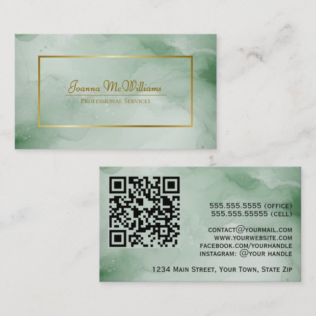 Carte De Visite Bois vert aquarelle et or code QR élégant (Devant / Derrière)
