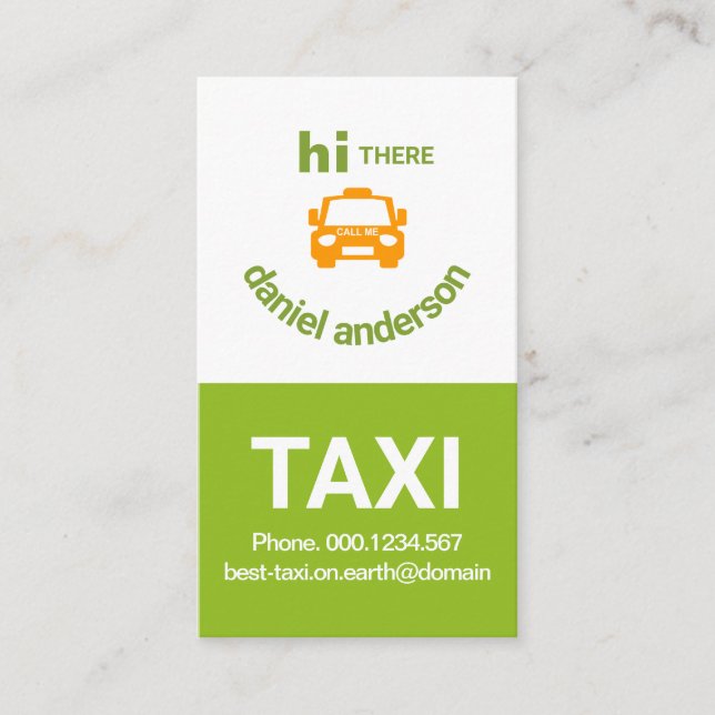Carte De Visite Boîte verte blanche Chauffeur de taxi face sourian (Devant)
