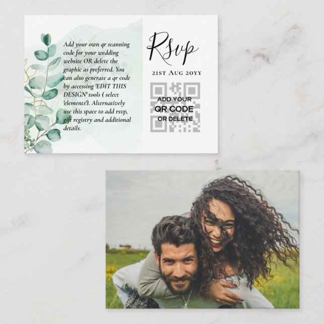 Carte De Visite Boîtier photo 100 QR CODE MARIAGE RSVP Green (Devant / Derrière)