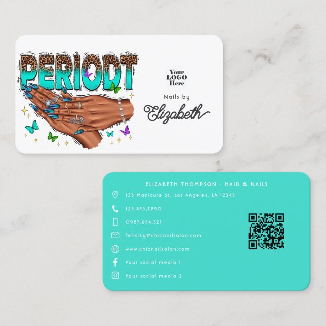 Carte De Visite Bold Turquoise Periodé Africain Américain Nail Sal (Devant / Derrière)