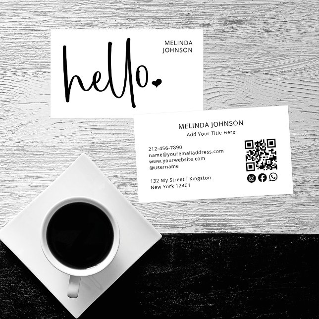 Carte De Visite Bonjour Coeur Blanc Script QR Code médias sociaux (Créateur téléchargé)