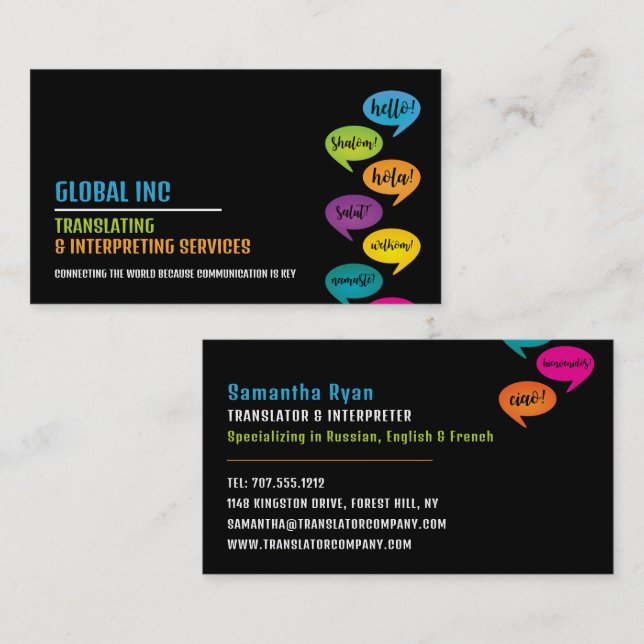 Carte De Visite Bonjour Design, Traducteur et Interprète (Devant / Derrière)