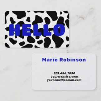 Carte De Visite BONJOUR Vache imprimé noir blanc bleu royal