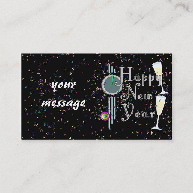Carte De Visite Bonne Année Avec Champagne & Confetti (Devant)