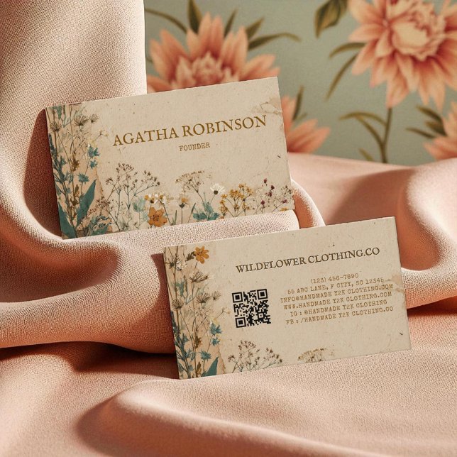 Carte De Visite Bordure beige Boho rustique Fleur sauvage (Beige Border Rustic Boho Wildflower Clothing Business Card)