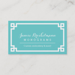 Carte De Visite Bordure clé grecque chic Turquoise et blanche