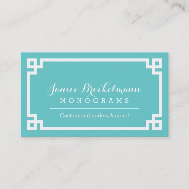 Carte De Visite Bordure clé grecque chic Turquoise et blanche (Devant)