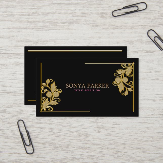 Carte De Visite Bordure florale dorée (Devant/Arrière en situation)