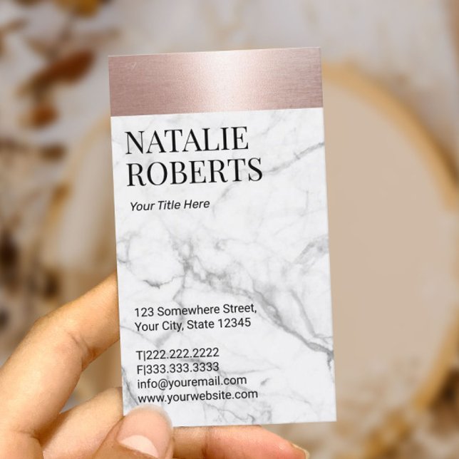 Carte De Visite Bordure Rose or Blush Marbre blanc moderne (Créateur téléchargé)