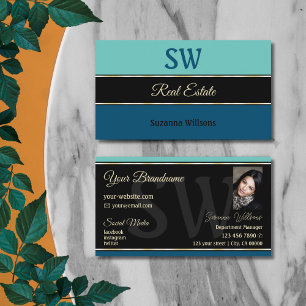 Carte De Visite Bordures bleues turquoises sur noir avec Monogramm