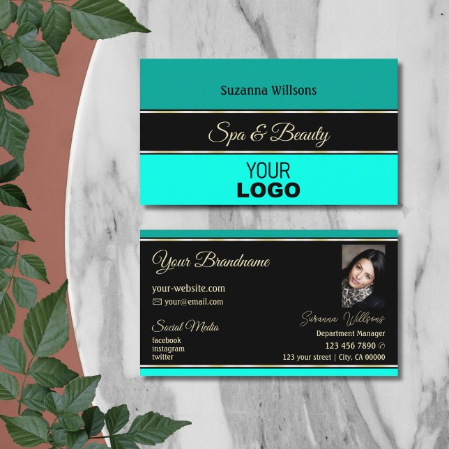 Carte De Visite Bordures Turquoises élégantes sur noir avec logo e (Créateur téléchargé)