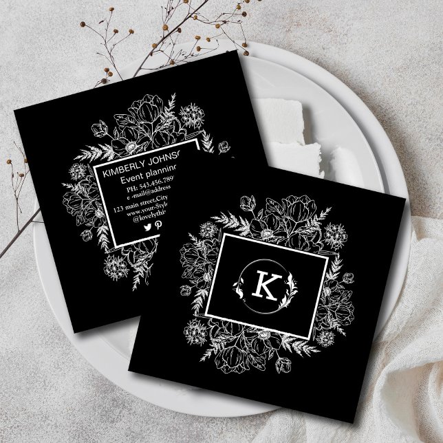 Carte de visite botanique moderne noir blanc (Modern Botanical Black White Business Card #blackwhite #modern #rustic #wildflower)
