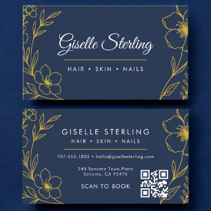 Carte De Visite Botanique QR Code Marine Blue Gold Beauty Salon