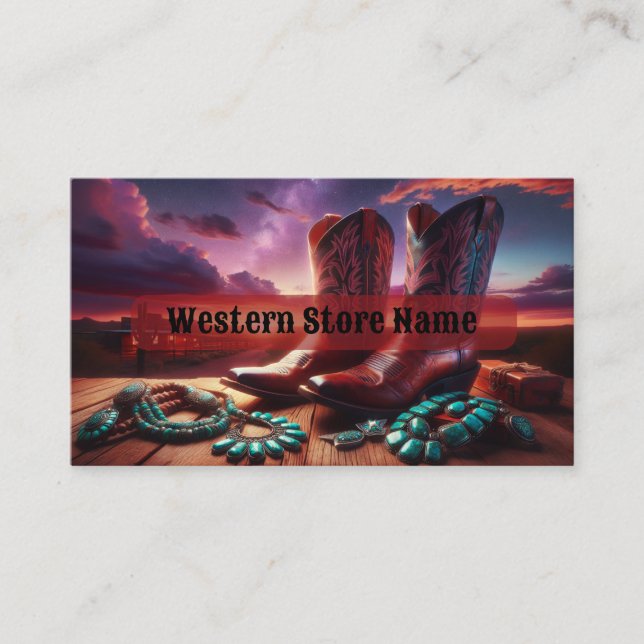 Carte De Visite Bottes de cowboy, Bijoux Turquoise dans le désert  (Devant)