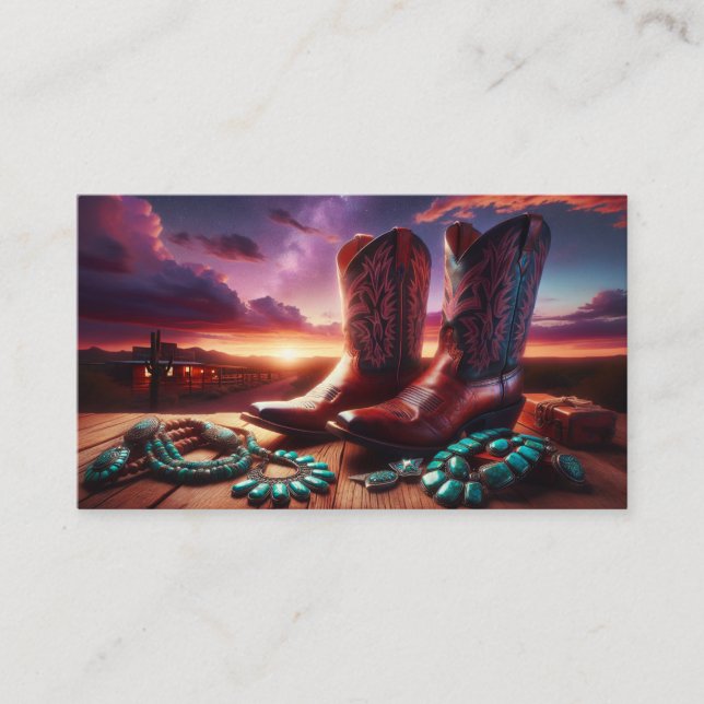 Carte De Visite Bottes de cowboy, Bijoux Turquoise en Désert (Noir (Devant)