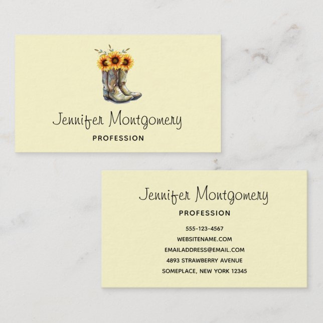 Carte De Visite Bottes rustiques Cowboy avec tournesol (Devant / Derrière)