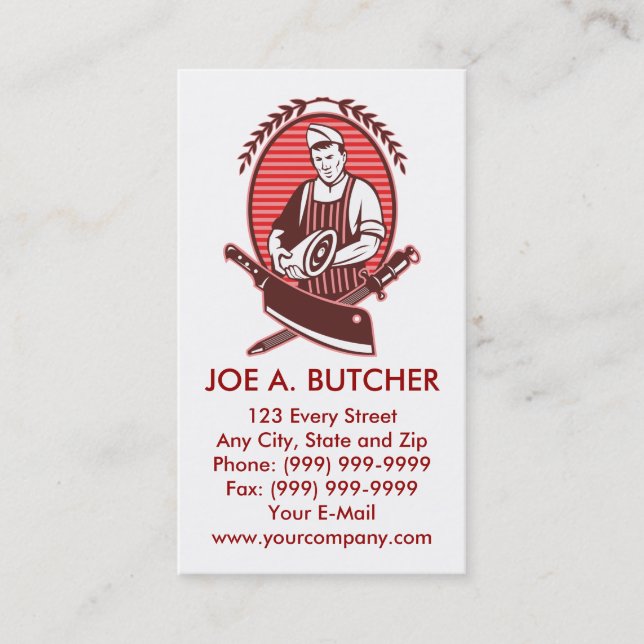 Carte De Visite Boucher avec le couteau et l'affûteuse de viande (Devant)