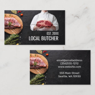 Carte De Visite Boucher tenant de la viande   Steak sur bois
