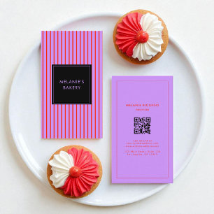 Carte De Visite Boulangerie à code QR minimaliste violet et rayure