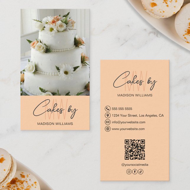 Carte De Visite Boulangerie Cake Custom Monogramme Logo Peach (Bakery Cake Custom Monogram Logo Peach Business Card)