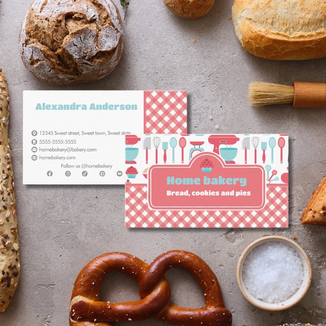 Carte De Visite Boulangerie Cuisinière Ustensiles Motif Médias soc (Bakery Baking Utensils Pattern Social Media Icons Business Card)