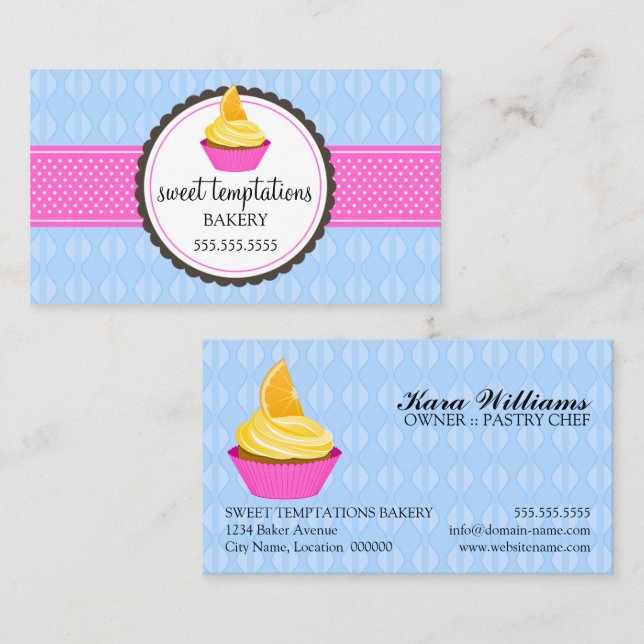 Carte De Visite Boulangerie Cupcake bleu et rose (Devant / Derrière)