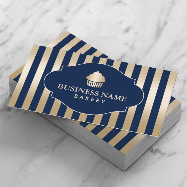 Carte De Visite Boulangerie Cupcake Classic Marine & Gold Stripes  (Créateur téléchargé)
