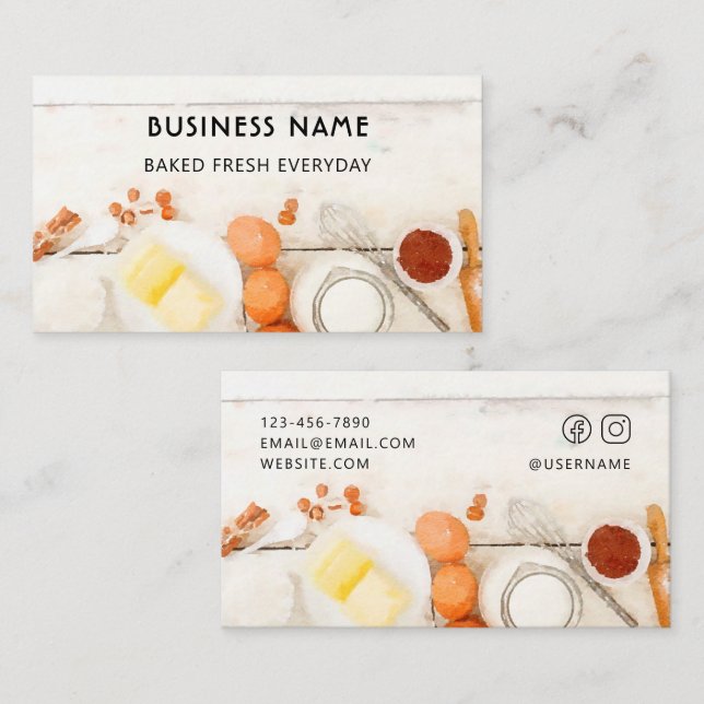 Carte De Visite Boulangerie d'aquarelle blanche moderne et fine (Devant / Derrière)