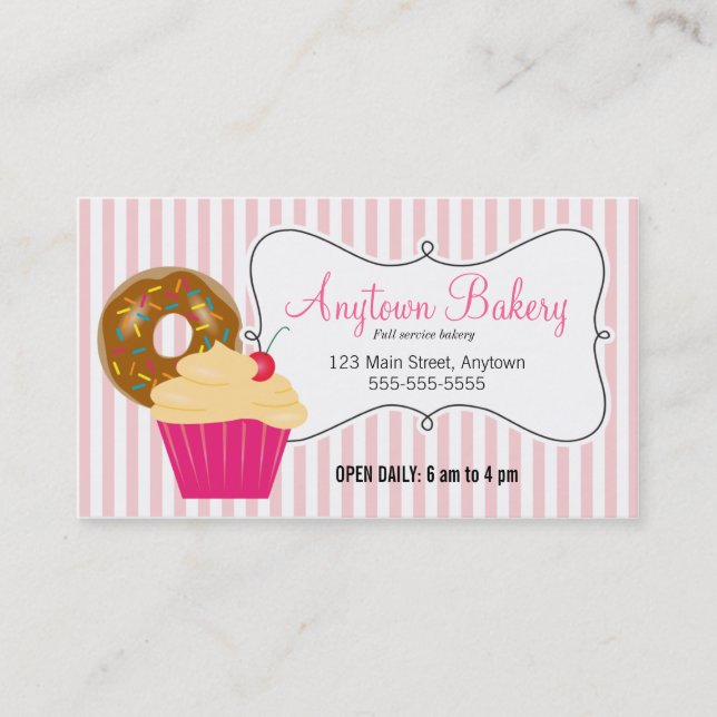 Carte De Visite Boulangerie de beignets, cupcake et rayures roses (Devant)