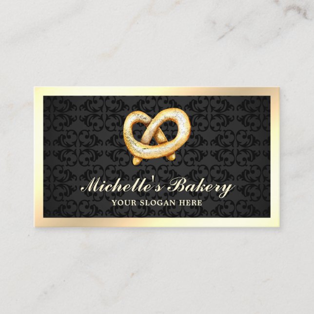 Carte De Visite Boulangerie en or noir Damask Pretzel (Devant)