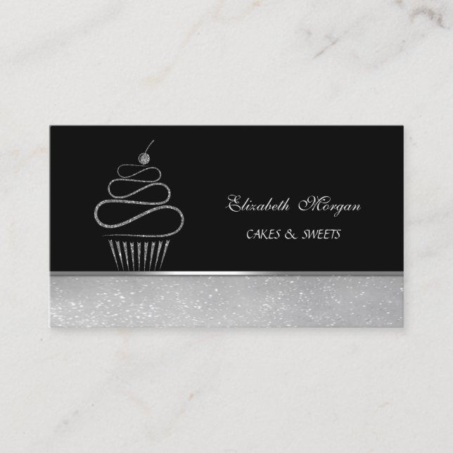 Carte De Visite Boulangerie fine élégante en argent glacé Cupcake (Devant)