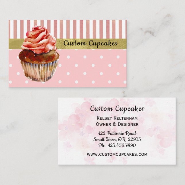 Carte De Visite Boulangerie fine rose et points Cupcake Biz Card (Devant / Derrière)