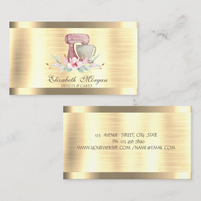 Carte De Visite Boulangerie Mixer Flower Gold Stripe (Devant / Derrière)