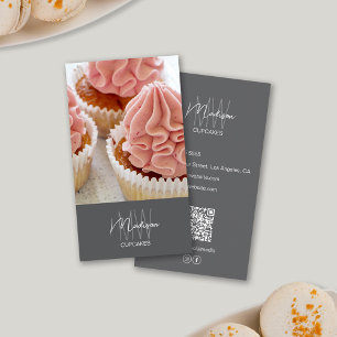 Carte De Visite Boulangerie Monogram Logo Cupcake Photo QR Grey