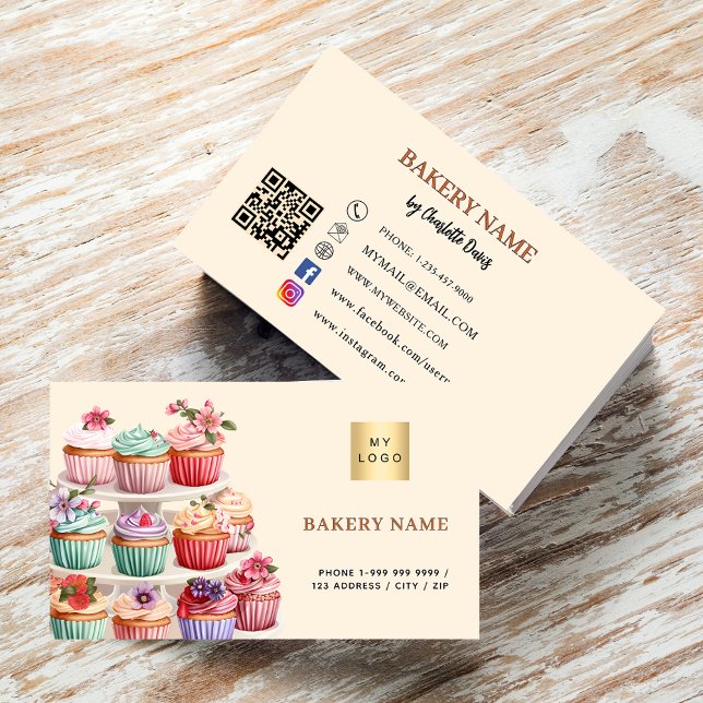 Carte De Visite Boulangerie pâtisserie beige crème rose QR code lo (Créateur téléchargé)
