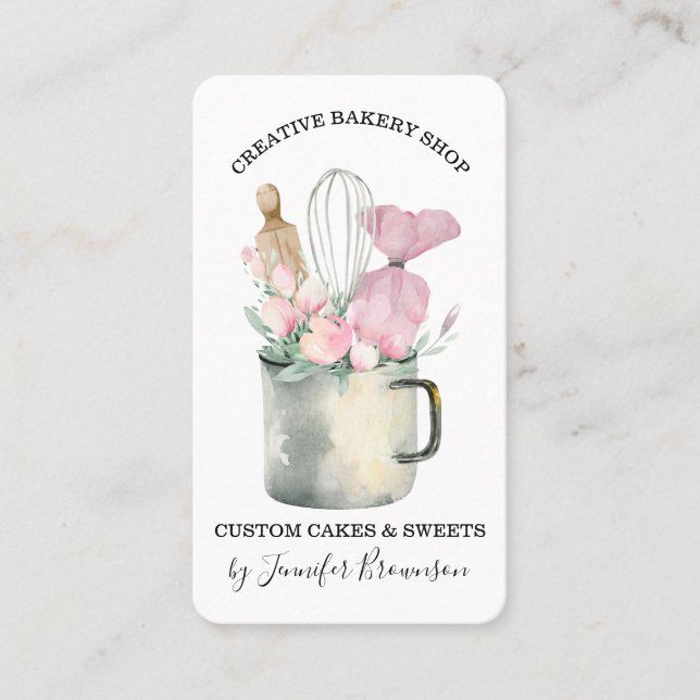 Carte De Visite Boulangerie Pâtisserie Chef Fleurs roses Boho chic (Devant)
