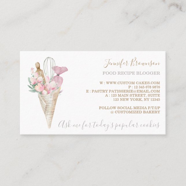 Carte De Visite Boulangerie Pâtisserie Fleurs roses Boho Chef créa (Devant)