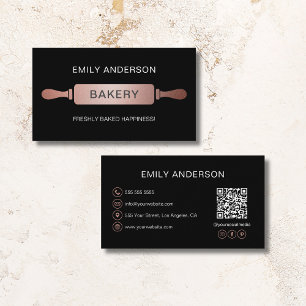 Carte De Visite Boulangerie rose à rouleaux noir or Code QR
